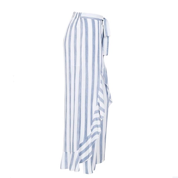 High Waisted Chiffon Striped Palazzo Pants Ruffles - Picture 6 of 13